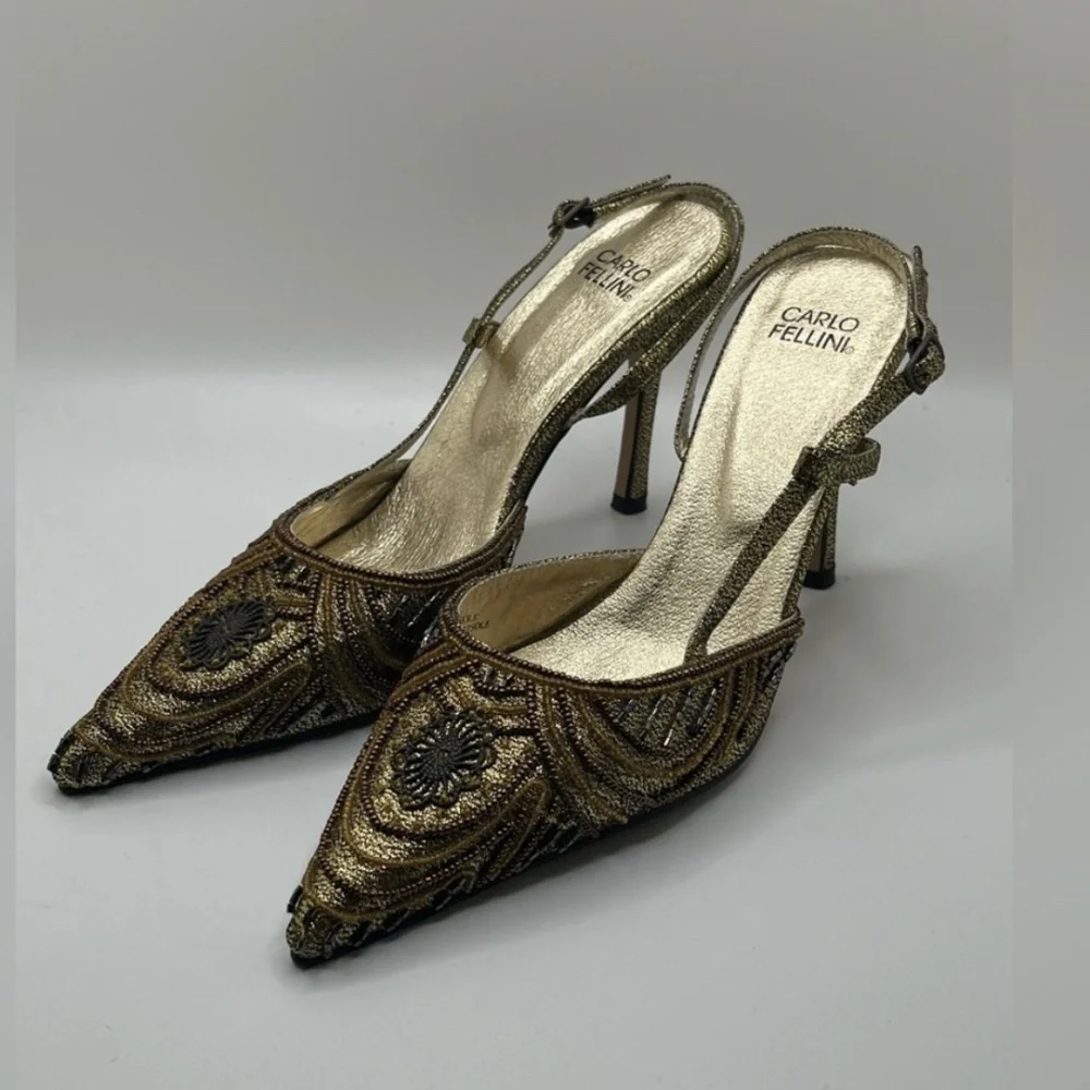 Carlo Fellini Women’s Lyli Nightlife Sequin Slingback Gold Shoes Size 8 - Picture 5 of 10